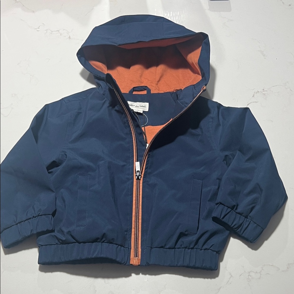 Kids' Hooded Rain Jacket in Navy with Orange Lining